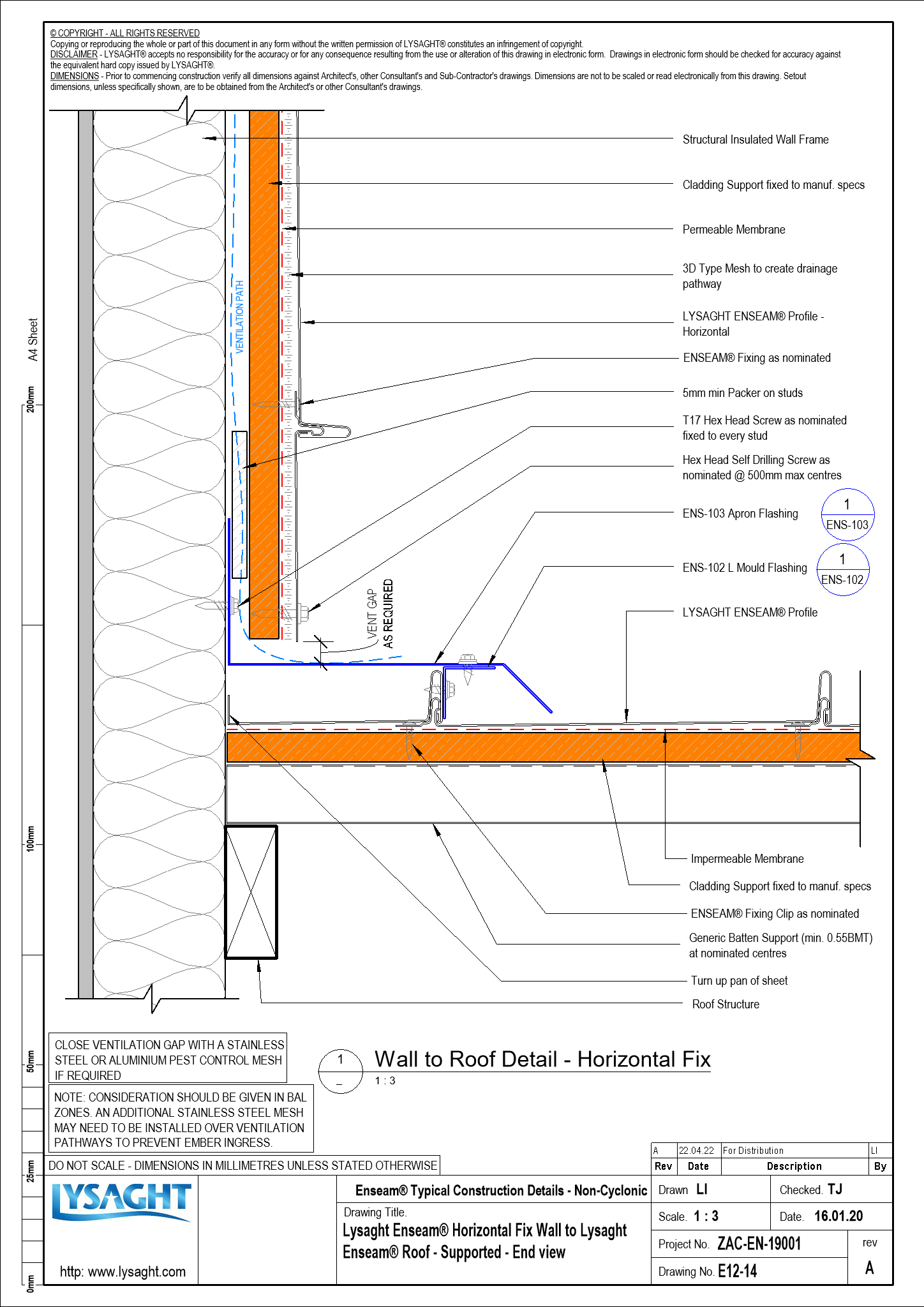 E1214 Lysaght Enseam® Horizontal Fix Wall to Lysaght Enseam® Roof